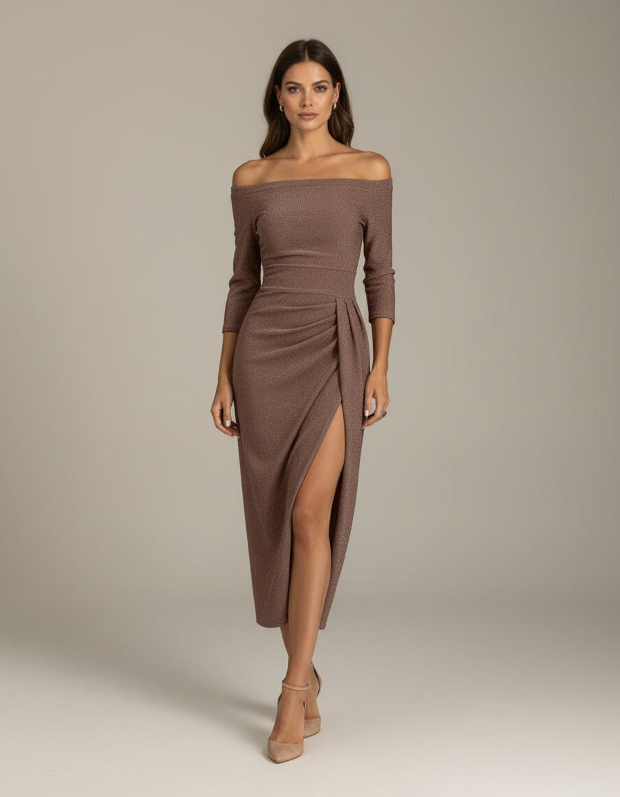 Off-Shoulder Midi Dress with Slit