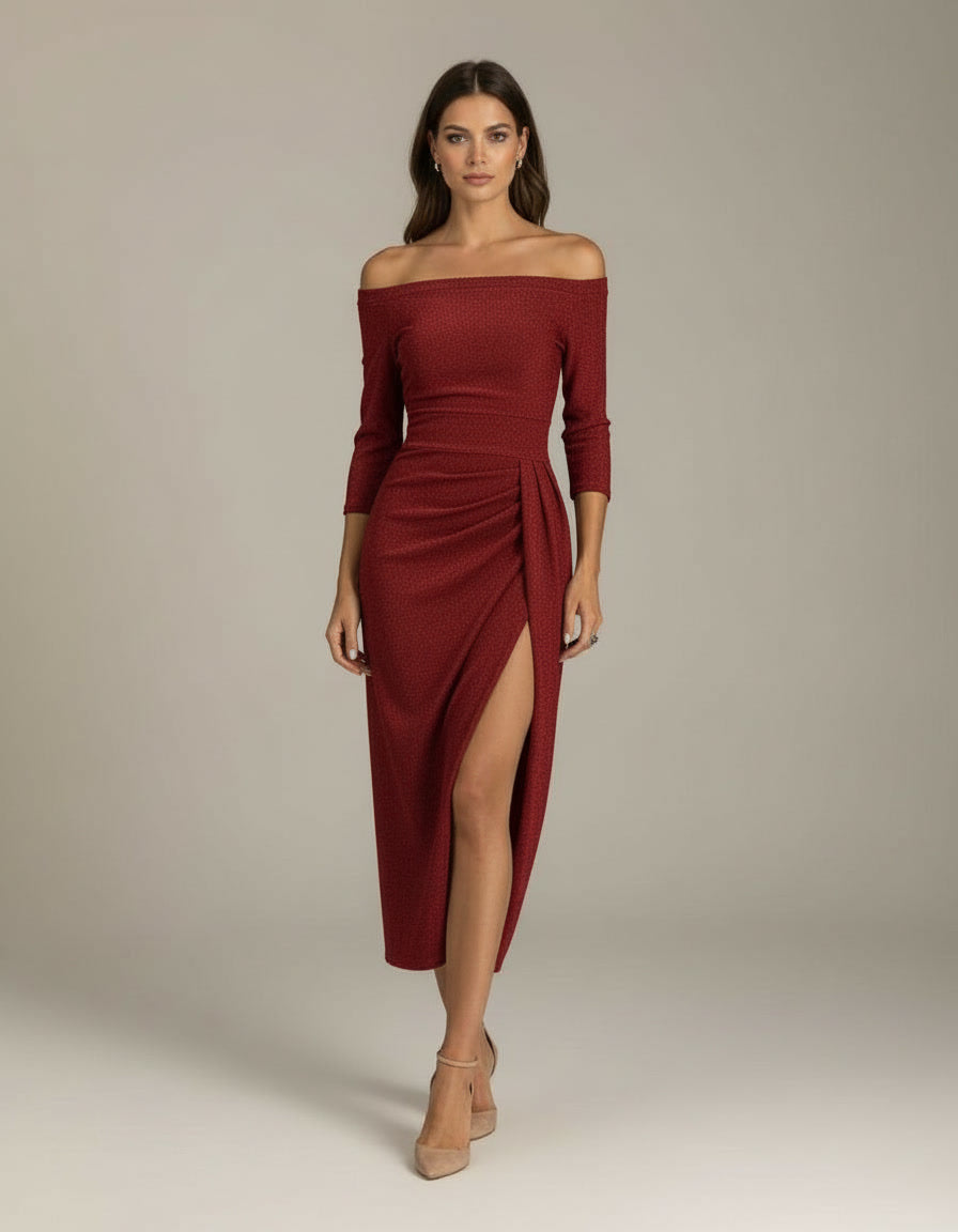Off-Shoulder Midi Dress with Slit